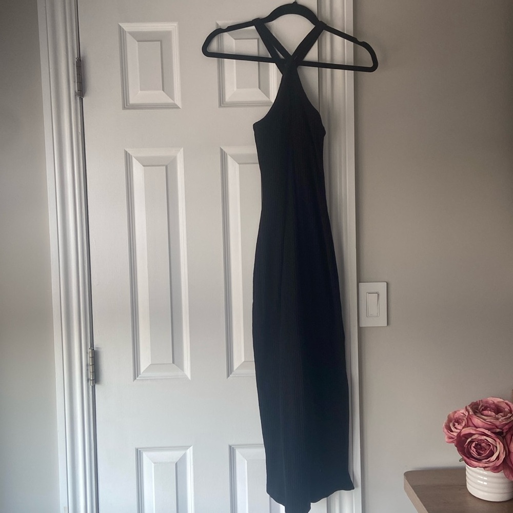 Black Ribbed Halter Maxi Dress with Built-In Bra
